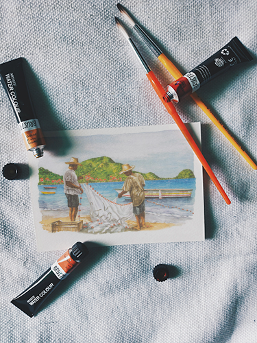 Aquarelle - filet de pêche